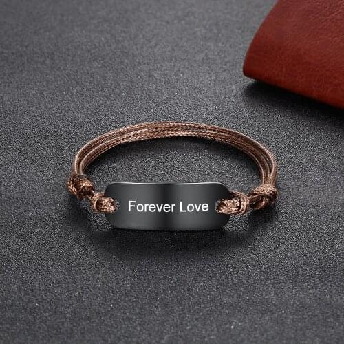 Personalized Engrave ID Bar Tag Bracelet Mens Casual Braided Rope Chain Leather Bracelets Wrist Warp