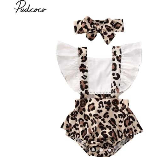 Pudcoco Newborn Infant Baby Girl Bodysuit Kids Leopard Print Ruffles Tie Back Jumpsuit + Headband Outfits Set