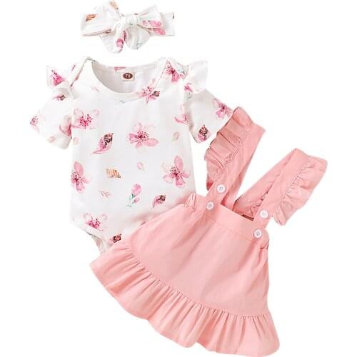 0-24M Baby Girl’s Skirt Three Piece Suit Fashion Floral Short Sleeve Jumpsuit Solid Color Suspender Skirt and Headband