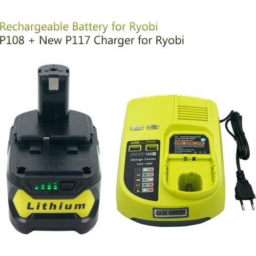 18V 5000mAH RB18L50 Lithium Rechargeable Battery for Ryobi P104 P105 P102 P103 P107 P109 P108 + P117 Charger for Ryobi 9.6V-18V