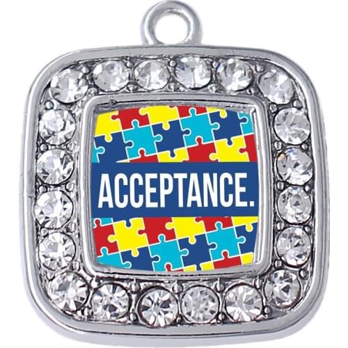 White Crystal Acceptance Puzzle Piece Sticker Square Charm Metal Craft Autism Pendant