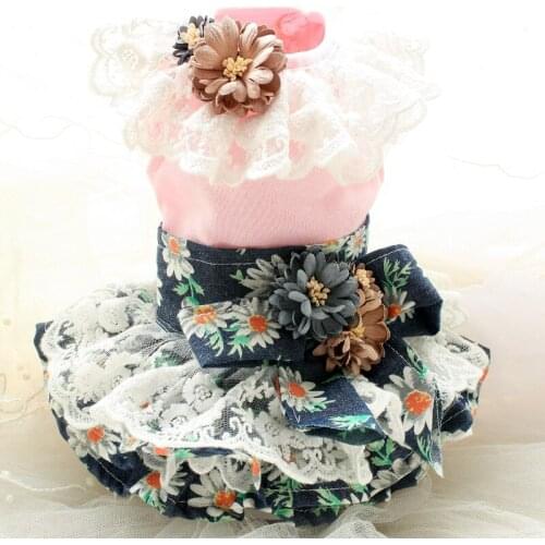 Free Shipping Little Daisy 3D Flowers Lace Skirt Summer Dog Clothes Dress Pet 100%Cotton Poodle Maltese