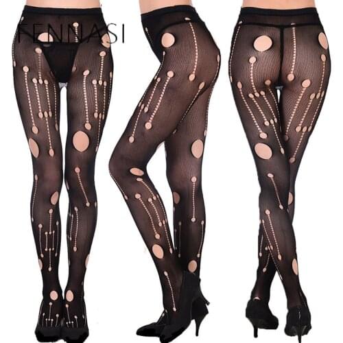 FENNASI Sexy Womens Tights Black Retro Torn Stockings With Holes Women Fishnet Tights With Mesh Holes Lady Club Hosiery