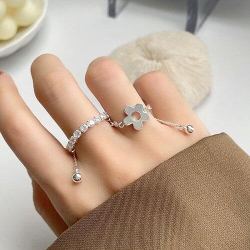 Origin Summer Multiple Silver Color Chunky Chain Flower Charm Rings for Women Metal Beaded Adjusting Index Finger Ring Jewellery