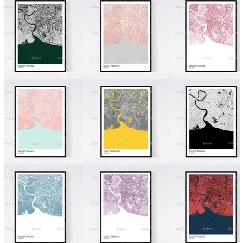 Samut Prakan, Thailand Map Nordic Retro Minimalism Painting Posters and Prints on Canvas Wall Art Modular Pictures Home Decor