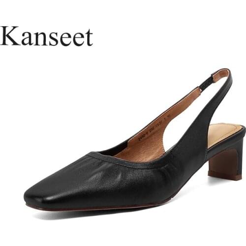 Kanseet Genuine Leather Women Sandals Thick Heels 2021 Summer Square Toe Soft Comfort Party Dress High Quality Mid Heels Shoes