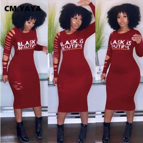 CM.YAYA Women Black Is Beautiful Letter Print Cut Out Hollow Out O-neck Bodycon Midi Dress Sexy Club Party Pencil Dresses 2021