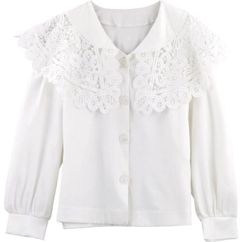PERHAPS U Women White Solid Shirt Lace Peter Pan Collar Lantern Long Sleeve Blouse Single-breasted Top Shirt Spring Summer B0803
