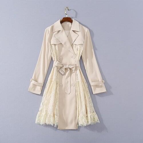 European and American womens clothing 2020 summer new style Long sleeve Double-breasted stitching lace fashion Trench coat