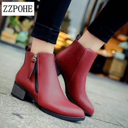 ZZPOHE autumn and winter new ladies ankle boots zip comfortable warm tip thick mid heel and ankle womens boots