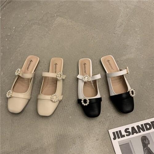 Bailamos Women Mules Brand New Fashion Pearl Buckle Leather Retro Flat Slippers Slip On Shoes Loafers Mules Flip Flops