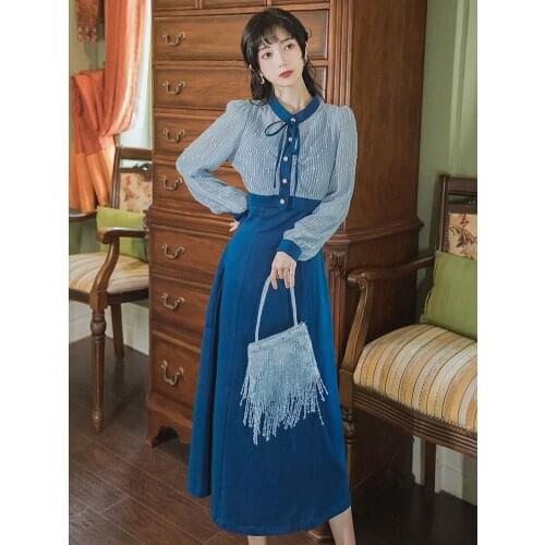 Elegant Autumn Dress Suit Femininas Button Bright Silk Crop Top and Blue Lapel Elegant Dress Two Piece Set Women Fall Y2K Gentle
