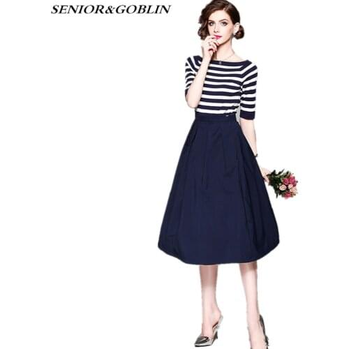 2019 New Summer Runway Cotton 2 Piece Set Clothes Designer Spring Women Striped Off Shoulder Tops+ Long Skirt Knit Blend Suits