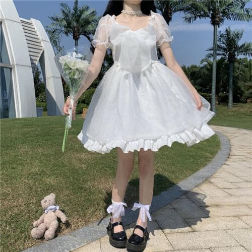Bella new Summer Japanese Kawaii Lolita Dress Korean Princess Short Sleeve Elegant Sweet Dress Casual Bow Party Sexy Mini Dress