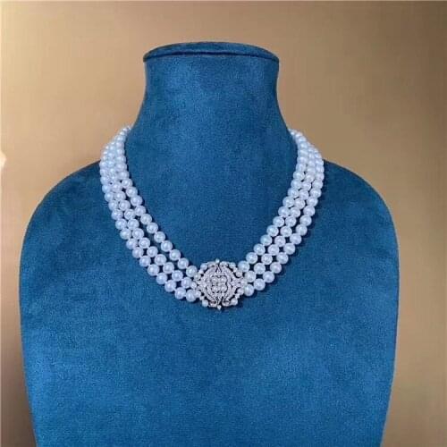 D908 Pearl Necklace Fine Jewelry Almost Round 6-7mm Nature Fresh Water White Pearls Necklaces 3 Layers for Women Fine Presents