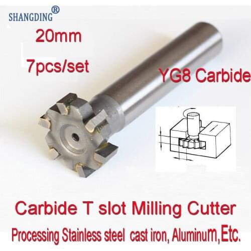 20mm* 3-4-5-6-8-10-12mm 7pcs Petiole 10mm YG8 Carbide T slot Milling cutter Processing Stainless steel cast iron, Aluminum, Etc