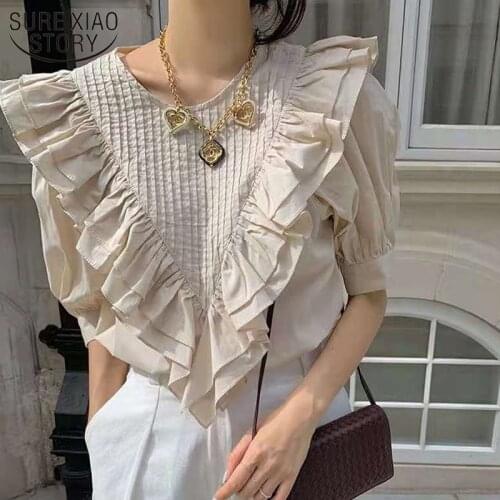 2021 O Neck Elegant Women Tops Summer Loose Ruffle Stitching Blouses Women Korean Pleated Short Sleeve Shirt Female Blusas 15241
