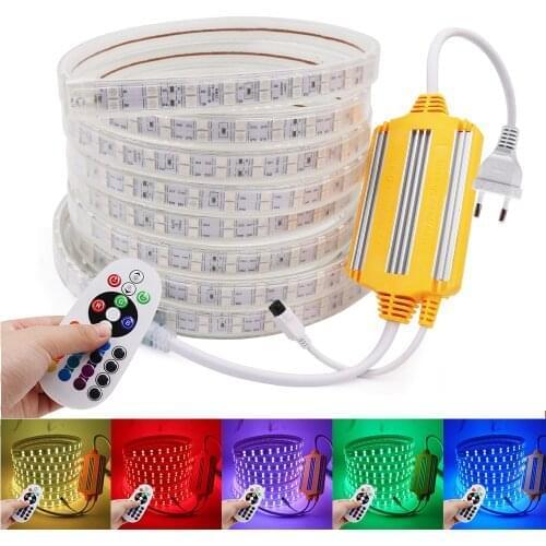 220V RGB LED Strip Light with 1500W 24Keys Controller 5050 60/120Leds/m Flexible LED Tape Waterproof LED Stripe Ribbon EU Plug