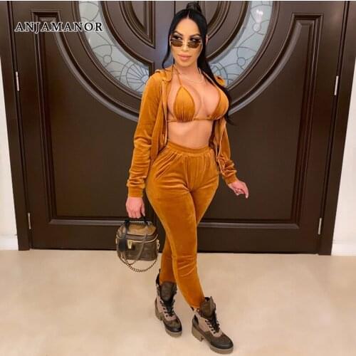 ANJAMANOR Sexy Velvet 3 Piece Set Sports Bra Cropped Hoodie Jacket and Sweatpants Sweat Suits Women Winter Outfits D42-EA69