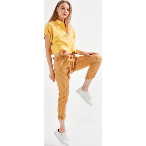 Striped Belt Gusset Pockets Pants-Mustard