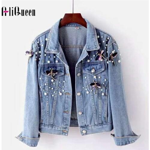 Chaquetas Mujer Streetwear Autumn Denim Jacket Women Beading Dragonfly Loose Overcoat Jeans Jacket Coats Outerwear Plus Size