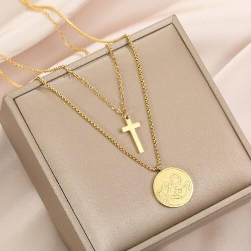 XIYANIKE 316L Stainless Steel 2 Layer Gold Color Cross Necklaces Fashion Simple Round Chain Choker 2021 New Female Collier