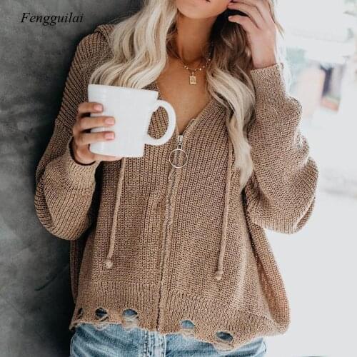 Spring and Autumn Hooded Cardigan Womens Sweater Solid Color Ladies Knitted Jacket Womens Zipper Irregular Loose Sweater