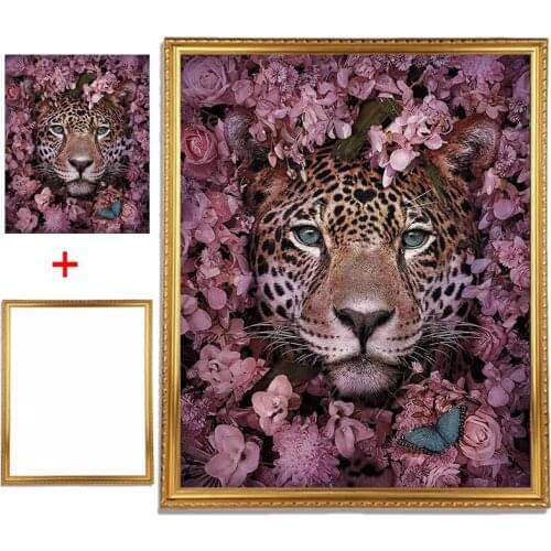 Framed 5D Diamond Painting Leopard Flower Diamond Embroidery Animal Gift Handmade Home Decor Picture Of Rhinestones Art