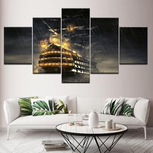 Canvas Painting huge ship over water in rainy day 5 Pieces Wall Art Painting Modular Wallpapers Poster Print Home Decor