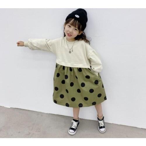 2021 Korea style girls dots patchwork dress fashion cotton full sleeve autumn girls dresses