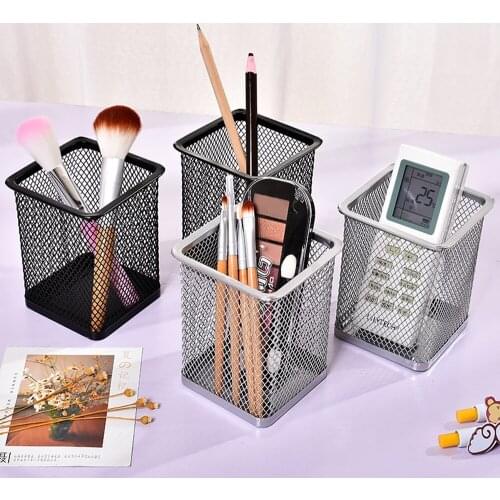 Creative Fashion Multifunctional Pen Holder Student Desktop Office Suitable Stationery Black Square/Round Metal Storage Box