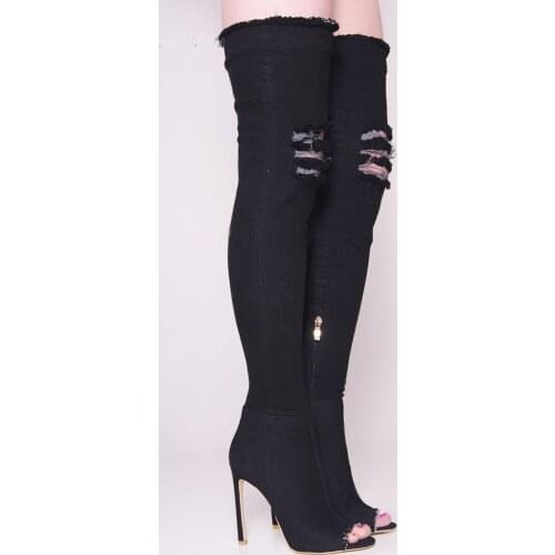 Hot Selling Women Fashion White Black Ripped Open Toe Denim High Heel Boots Cut-outs Thigh High Broken Jeans Nightclub Boots