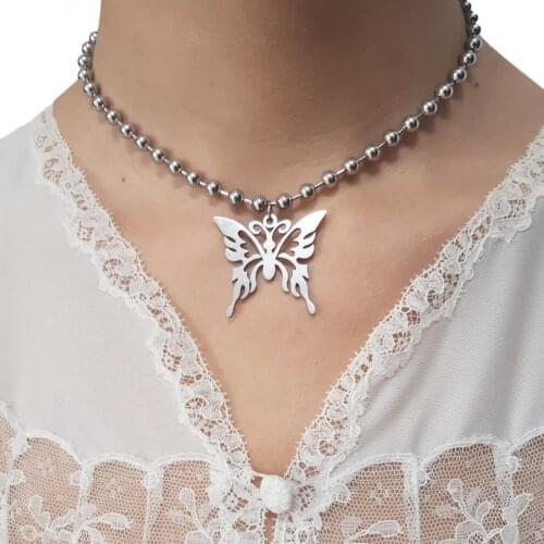 Trendy Hip hop Metal Butterfly Pendant Necklaces For Women Fashion Punk Silver Color Round Beaded Chain Necklace Femme Jewelry