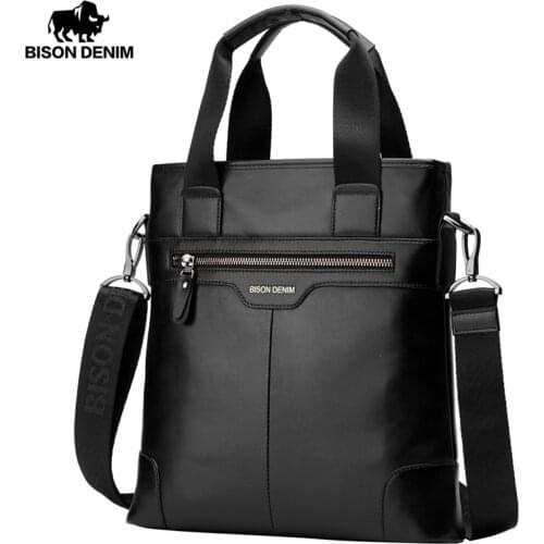 BISON DENIM Genuine Leather Handbag Men Business Messenger Bag iPad cow leather Shoulder Bag Crossbody Male bags N2202