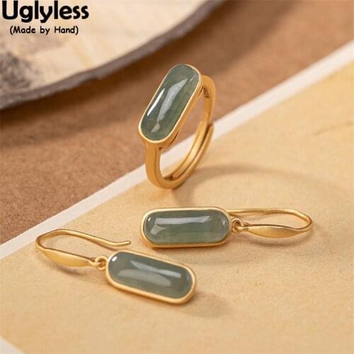 Uglyless Simple Geometric Rectangle Gemstones Jewelry Sets for Women Natural Emerald Jade Agate Earrings Rings 925 Silver Bijoux