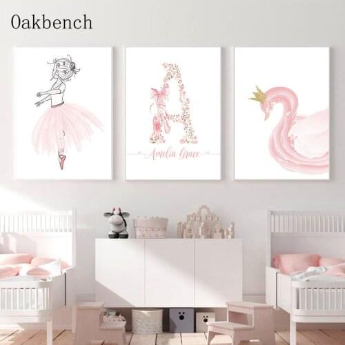 Ballet Girl Poster Custom Name Canvas Print Pink Swan Wall Prints Nursery Wall Painting Nordic Wall Pictures For Girl Room Decor