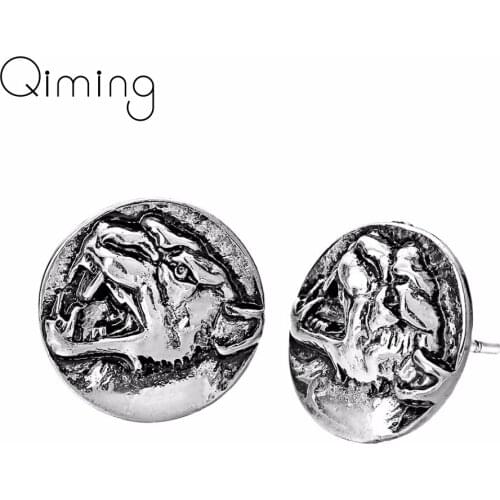 QIMING 3D Wolf Animal Women Vintage Men Earrings Viking Punk Jewelry Stud Earring fashion Boyfriend Gift Ear Man Gift