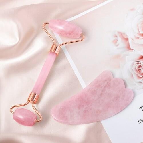 Natural Rose Quartz Roller Stone Massager for Face Jade Roller Gua Sha Kit Face Massager Beauty Skin Care Tools Facial Massage