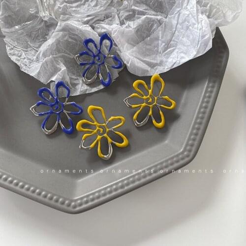 Irregular Blue Yellow Flower Ear Studs Enamel Glaze Japan and South Korea Personality Hyperbole Simple Earrings Drop Oil Earring