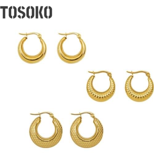 TOSOKO Stainless Steel Jewelry Plain Halo Earrings Scale Carving Earrings Horn Bag Design Earrings BSF477-479