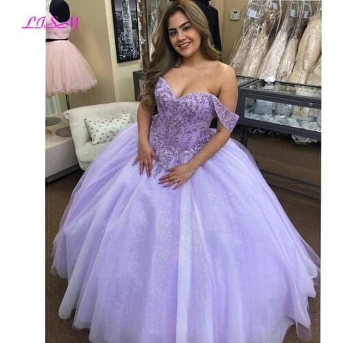 Lilac Lace Beaded Quinceanera Dresses Ball Gown Off the Shoulder Sexy Party Sweet 16 Dress Long Prom Gowns