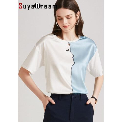 SuyaDream Women Contrast T Shirt Real Silk and Cotton O Neck Short Sleeves Shirt 2021 Spring Summer White Blue Top
