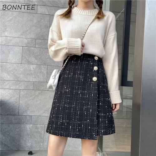 Skirts Women Large Size 3XL Plaid Button Casual Above Knee Irregular Elegant Zipper High Waist Vintage Comfortable Fashion Basic