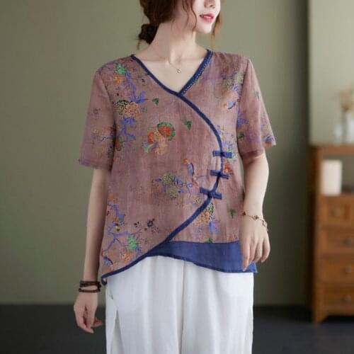 Women Summer Loose Casual T-shirts New Arrival 2021 Chinese Style Vintage V-neck Floral Print Female Cotton Linen Tops Tees B702