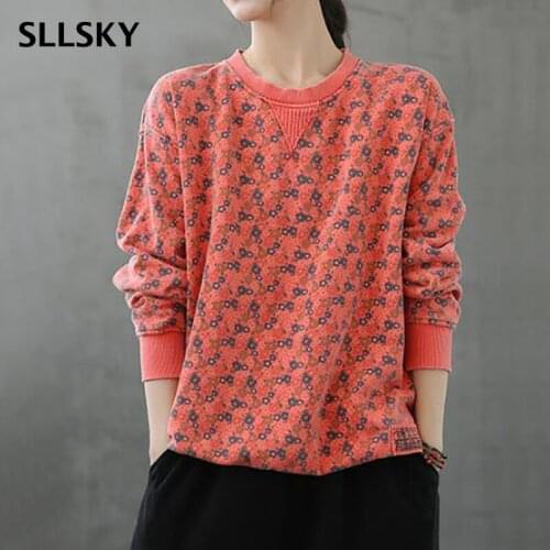 SLLSKY Vintage Floral Printing Women Sweatshirt Autumn New Long Sleeve O-Neck Female Hoodies Fashion Loose Ladies Pullovers