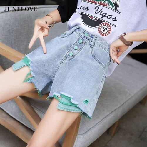 2020 Women Shorts Jeans Shorts Feminino Denim Patchwork leg-openings Plus size Ripped patchwork Shorts with pockets pantalones