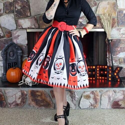 Halloween Skull Skirt Women Elastic Waist Knee-Length Empire A-Line Cartoon Hip Hop Festival Party Skirts