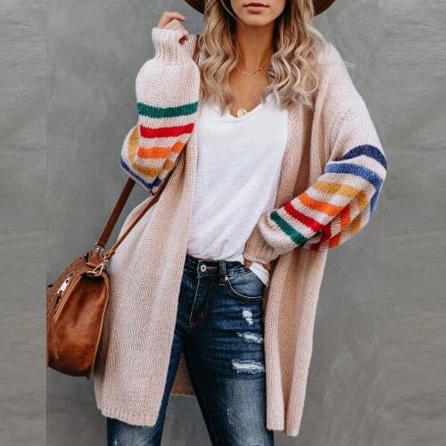 Womens Long Batwing Sleeve Open Front Chunky Knit Cardigan Sweater Striped Printed Knitwear Large Size Knitted Female Coat