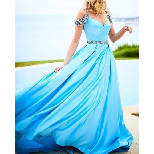 2021 Satin Beaded V Neck Prom Dresses Long Cold Shoulder A Line Sleeveless Formal Evening Party Gowns Women Robe De Soiree