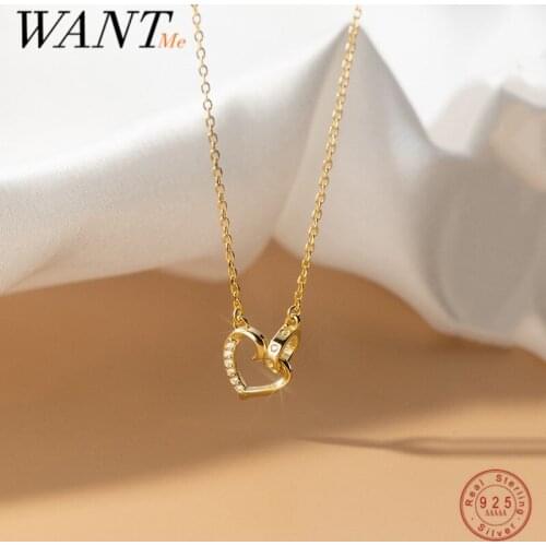 WANTME 925 Sterling Silver Romantic Interlocking Love Heart Round Hanging Necklace for Women Couple Valentines Day Jewelry Gift